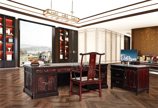 山東紅木品牌巧奪天工《錦繡山河班臺(tái)》賞析，書房里的精英格局氣場(chǎng)